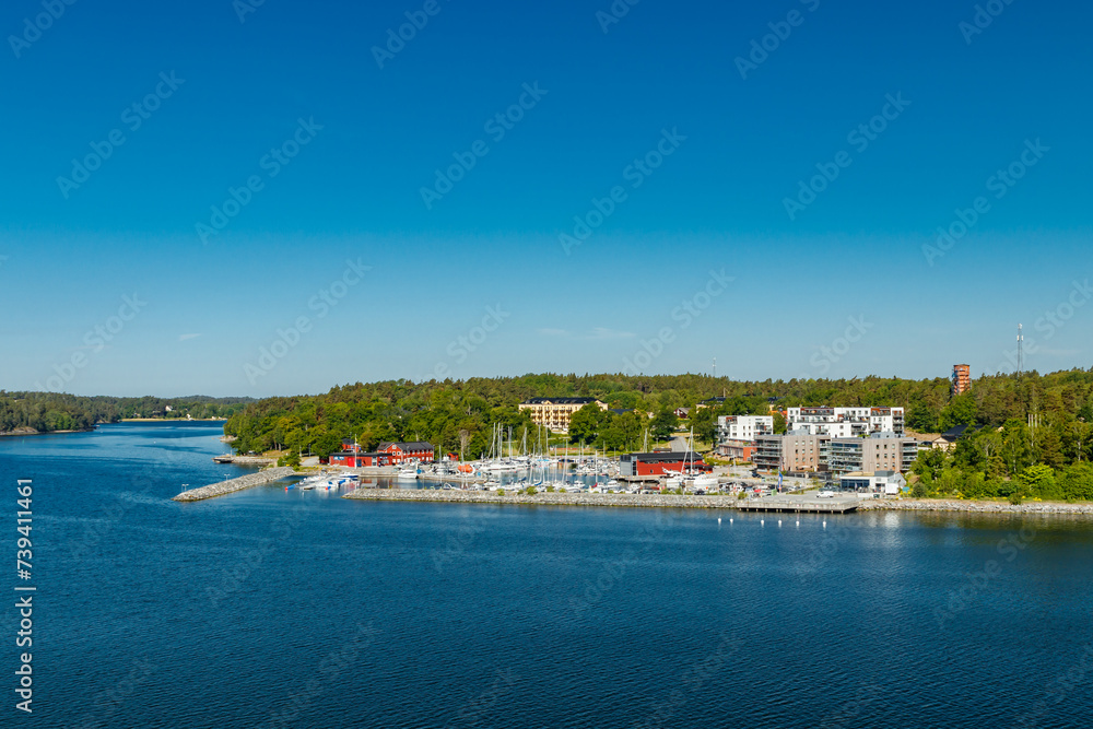 View to Vaxholm in Stockholm archipelago in Baltic sea. Summer morning.