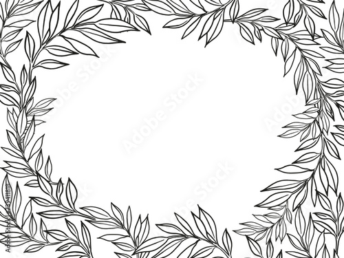 hand drawn frame with vector plants, brunch of flowers, sketch of leaves, herbs, grass, inked silhouette of leaves, monochrome illustration isolated on white background