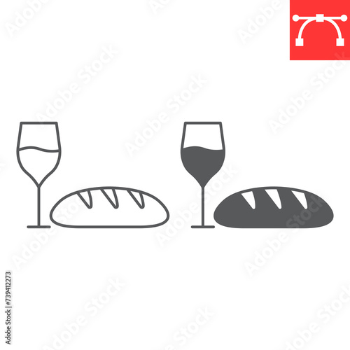 Wine and bread line and glyph icon, Easter and food, communion vector icon, vector graphics, editable stroke outline sign, eps 10.