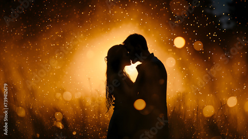 Couple kissing in the rain with back cinematic light