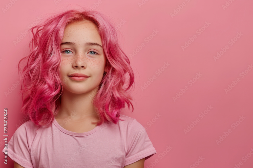 beautiful perky girl with pink hair on a pink background. The concept of youth and beauty. A bright girl with bright pink hair. Place for text. Banner. smiles and looks at the camera
