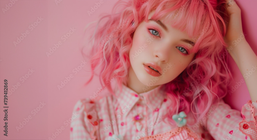 beautiful perky girl with pink hair on a pink background. The concept of youth and beauty. A bright girl with bright pink hair. Place for text. Banner Girl looking at the camera beautiful perky girl with pink hair on a pink background. The concept of youth and beauty. A bright girl with bright pink hair. Place for text. Banner Girl looking at the camera