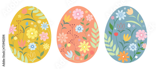 Easter eggs with spring flowers. Set of three vector Illustration for Easter Day.	