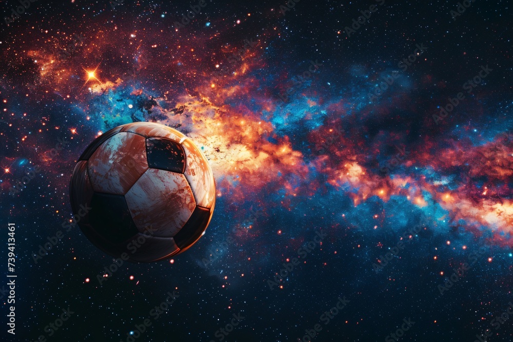 Fototapeta premium Football on the galaxy where the ball glows with nebulae colors creating a spectacular sight