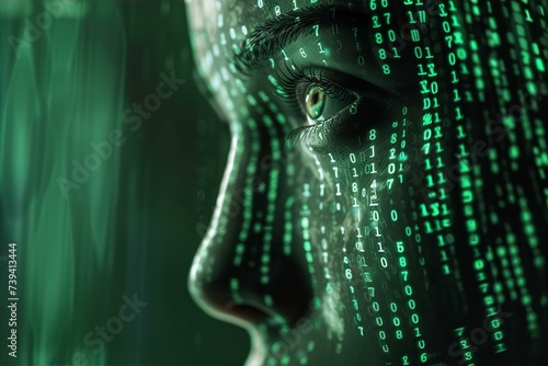 matrix human face 3d neon binary code random