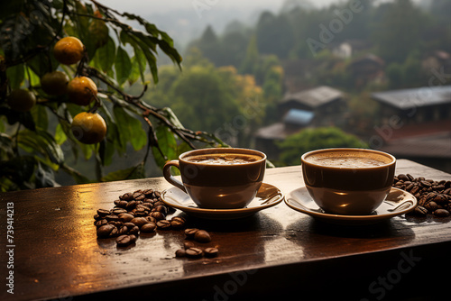 Hot fresh coffee beverage in porcelain cup with tea plate Generative AI creative picture