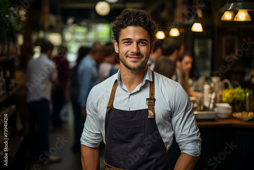 Generative AI digital illustration of young waiter waitress barista meet visitors cozy atmosphere cafeteria