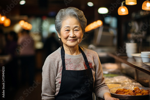 Image made with generative ai technology of joyful happy woman standing in bakery shop