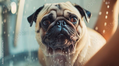 Owner or groomer washes the dog in the shower. Close-up of a wet pug's muzzle. The owner takes care of the pet. Convenient shower for dogs. Cute pug