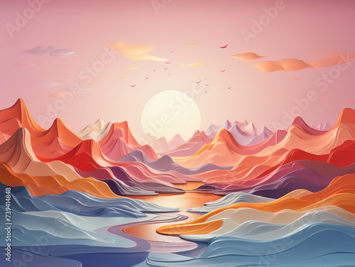 Abstract wavy lines in Watercolor pastel colors art sea waves background