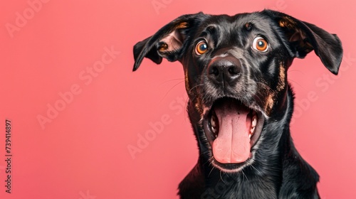 Dog caught mid bark with a look of amazement uniform color backdrop vivid facial expression