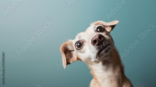 Dog tilting its head in confusion simple and uncluttered color background capturing curiosity