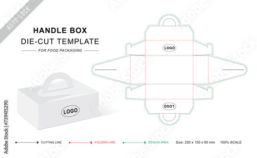 Cake box with handle die cut template with 3D blank vector mockup for food packaging	
