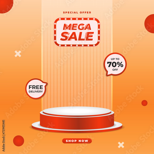 Square mega sale promotion background podium with discount and free delivery