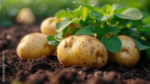 Close-up photograph of potatoes in the ground. Agricultural and harvest concept