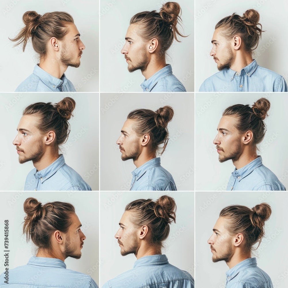 Fototapeta premium Wide multiple-frame photo sheet, man with Top Knot and brown hair, wearing a blue shirt, diverse angles, on white background