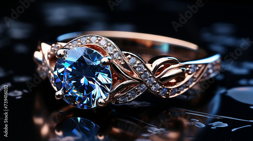 Closeup photo of the elegant brilliant golden ring with massive diamond and gems on the reflecting minimalistic dark blue surface