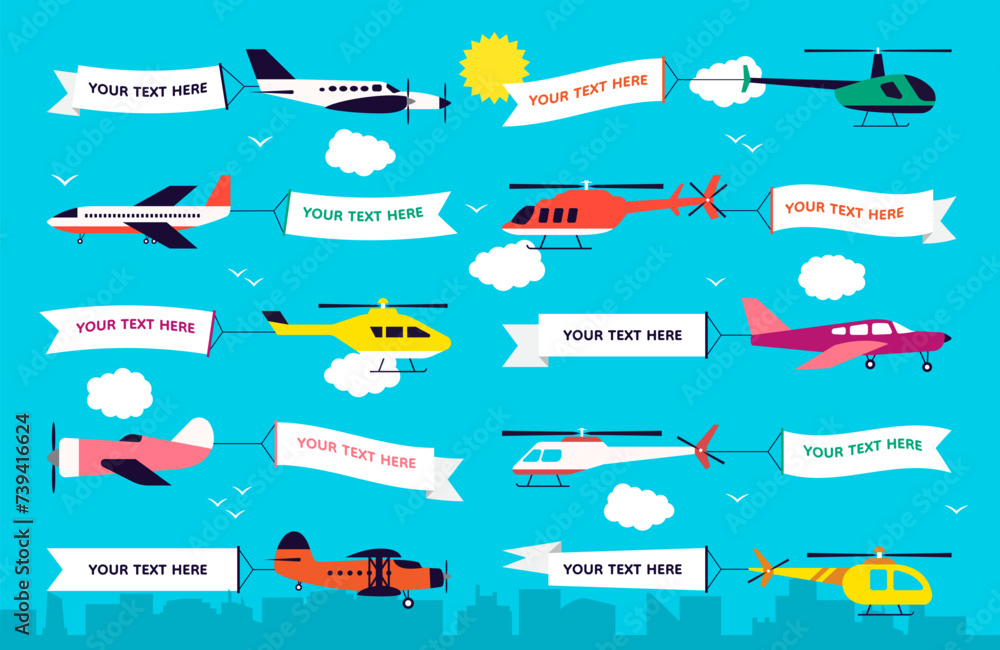 Plane with banner. Flying flag on helicopter. Advertising promotion. Ribbon in summer sky. Advertisement Pennant showing from airplane. Travel news in clouds. Vector flat posters set