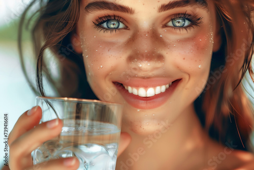 Beautiful woman face glowing with health and Smiling holding a glass of water, promoting a healthy lifestyle and drinking water for health.