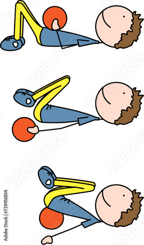 Cartoon vector illustration of a boy exercising - lower back stretch with medicine ball
