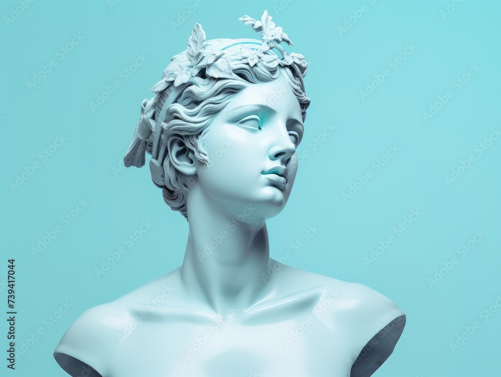 Greek Ancient Cracked Sculpture of Woman with blue pastel background for collage in y2k style. Antique female goddess. Girl statue head in profile