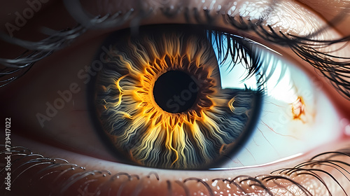 Close-up of human eye with advanced cybernetic enhancements, symbolizing future vision technology