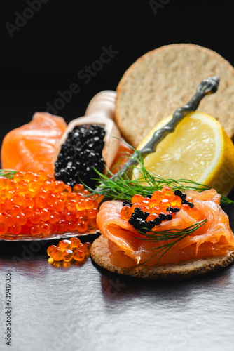 Black and Red Caviar with Smoked Salmon on Scottish Rough Oatcakes.