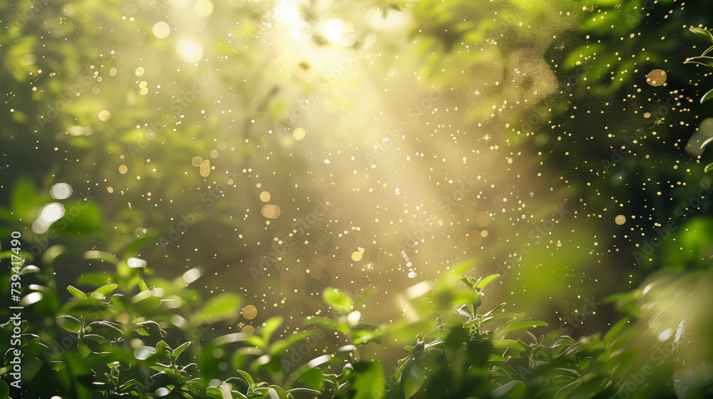 Allergenic pollen in the air in nature through green lush vegetation. Air polluted with pollen. Allergenic pollen in the air in nature through green lush vegetation. Air polluted with pollen.