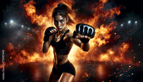 A woman wearing boxing gloves stands in front of a roaring fire, ready for a intense workout session. The flames cast a warm glow on her determined face as she prepares to train. photo