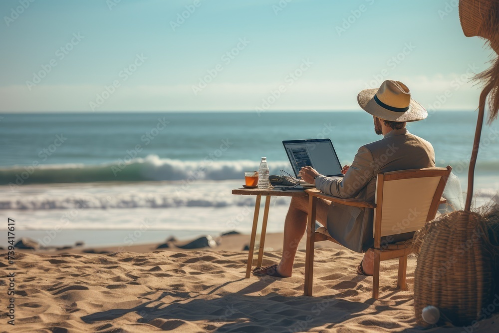 Back view of young man working on laptop while sitting on the beach. working from distance concept. vacation and active lifestyle.
