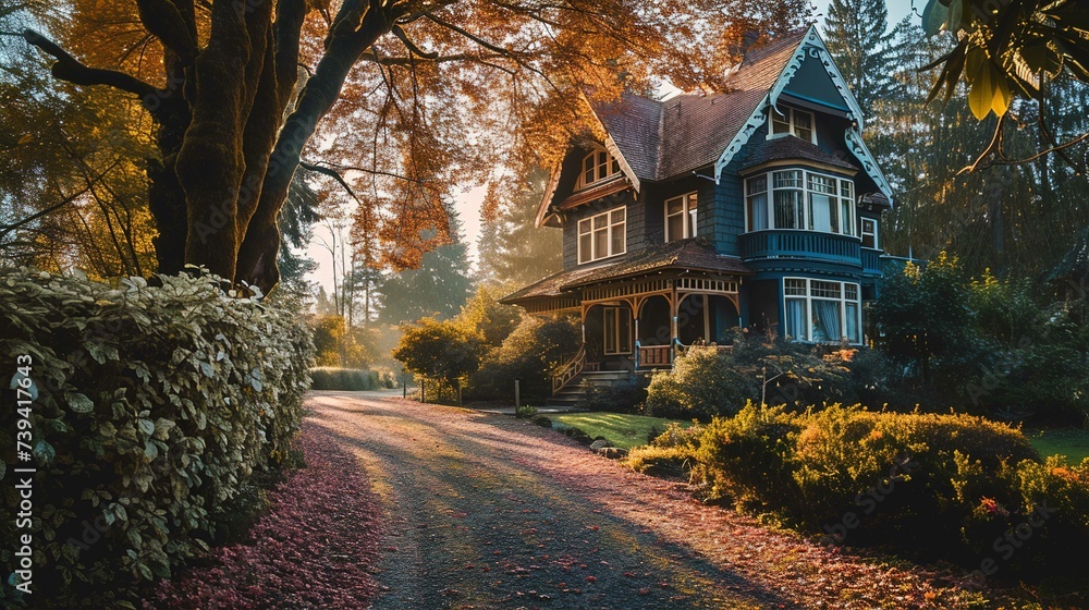 The image depicts a charming two-story Victorian house with dark blue trim and a steeply pitched roof. It sits nestled among autumn-hued trees, with sunlight filtering through the branches creating a The image depicts a charming two-story Victorian house with dark blue trim and a steeply pitched roof. It sits nestled among autumn-hued trees, with sunlight filtering through the branches creating a