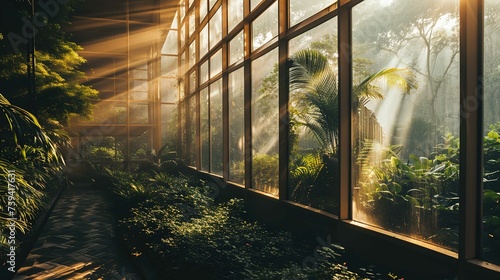 The image depicts a modern building with a large, floor-to-ceiling window facade, revealing a lush greenhouse or atrium filled with various tropical plants. Sunbeams penetrate the transparent surface,