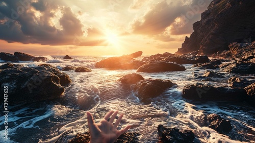The image captures a scenic view of a rocky seashore at sunset. In the foreground, a human hand is reaching out towards the sun, which is low in the sky, casting warm golden light across the scene. Th