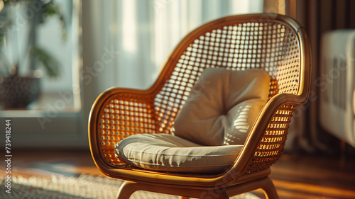 Closeup view of a rattan accent chair, natural warmth. 