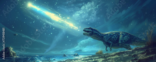 An underwater dinosaur watches as a meteorite illuminates the sea a dance of light and shadow in ancient waters © Expert Mind