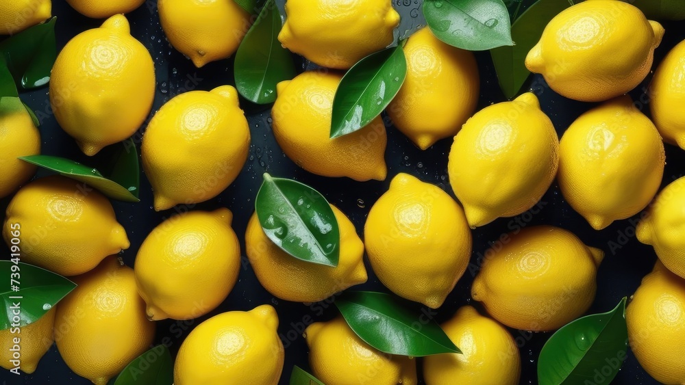 Close-up from above of lemons with visible water droplets and leaves on dark background. Fresh citrus fruits whole and sliced. Advertising banner concept. Selective focus