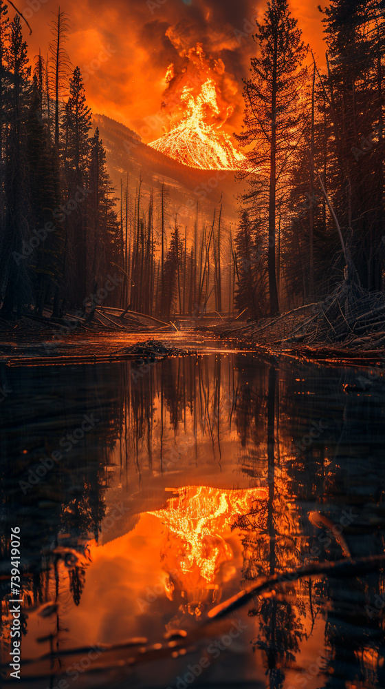 Obraz premium Wildfires reflection on a tranquil river creating a stark juxtaposition of beauty and devastation invoking deep reflection