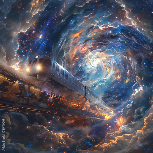 Sky train equipped with roaring jet engines navigating through a dreamlike vortex of clouds and stars connecting realms of fantasy