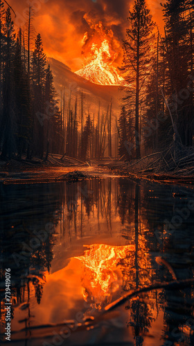 Wildfires reflection on a tranquil river creating a stark juxtaposition of beauty and devastation invoking deep reflection