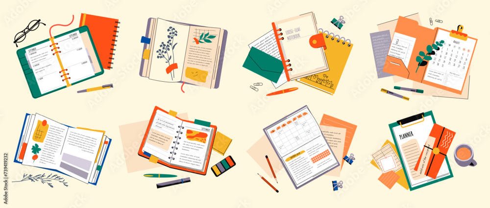 Diary notebook. Book hand note by pen write doodle on school paper page, trendy open notepad. Top view isolated elements. Office or school stationery, daily and weekly organizer. Vector icons Diary notebook. Book hand note by pen write doodle on school paper page, trendy open notepad. Top view isolated elements. Office or school stationery, daily and weekly organizer. Vector icons