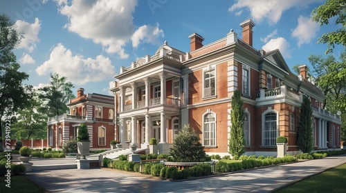 Wallpaper Mural A grand, stately brick mansion with elegant columns and manicured gardens under a clear, blue sky.

 Torontodigital.ca