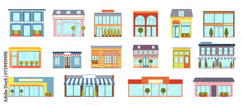 Store buildings. Shop front. Business storefront for small retail or restaurant. Street windows of grocery market. Trees and awnings. Commercial architecture. Vector houses design set