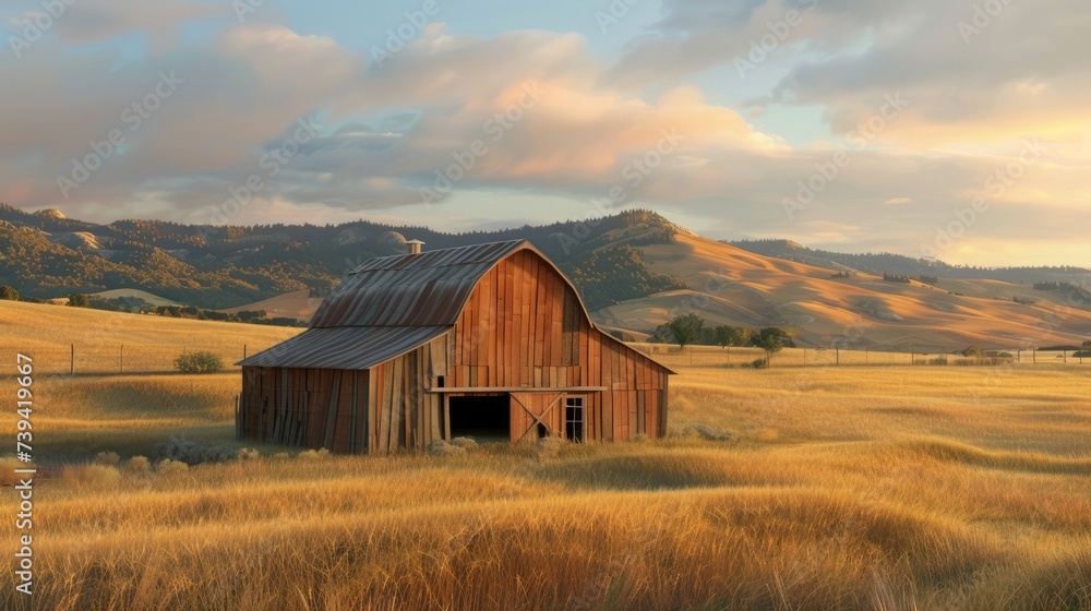 A rustic barn set amidst golden fields under a wide, open sky with distant rolling hills.
A rustic barn set amidst golden fields under a wide, open sky with distant rolling hills.