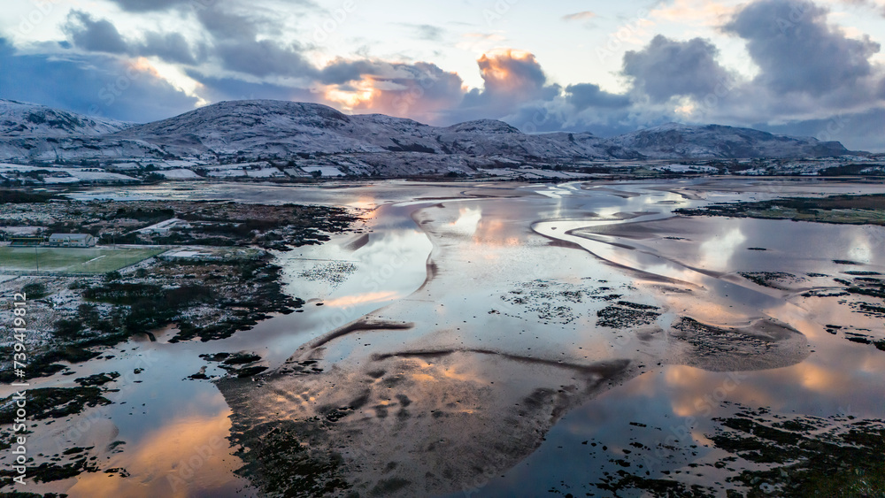 Aerial view of a snow covered Ardara in County Donegal - Ireland