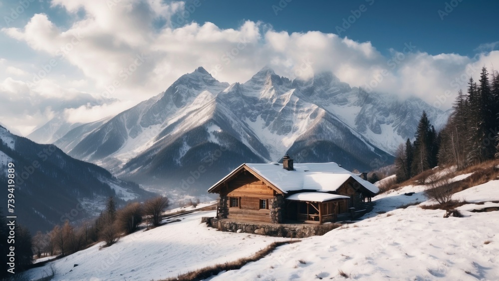 Majestic mountain range, covered with a layer of snow, beautiful and lonely cottage located in the valley