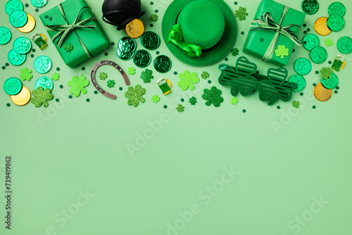Patrick Day festive green background decorated with shamrocks, leprechaun hat, golden coins and gifts top view.