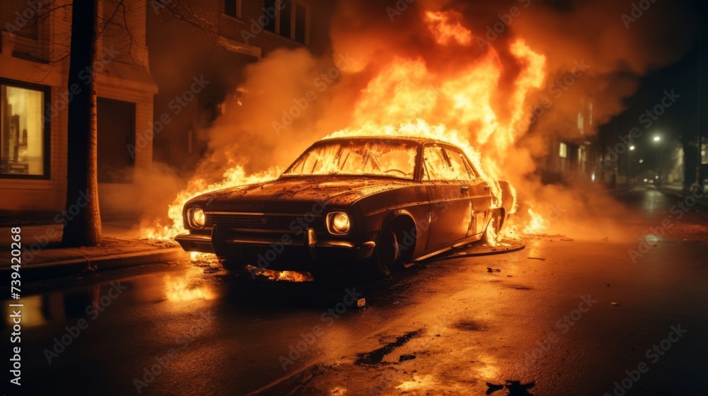 A car is on fire on a city street. Street disturbances, damage to private property, fire hazard. A car is on fire on a city street. Street disturbances, damage to private property, fire hazard.