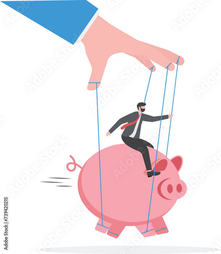Piggy bank being controlled by puppeteer-Money control concept
