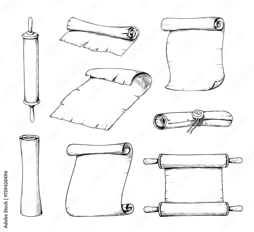 Ancient books. Parchment scroll sketch drawing. Old rolls. Antique document. Papyrus sheets. Vintage manuscript. Medieval letter. Engraving elements. Historical curled pages vector set