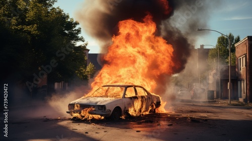 A car is on fire on a city street. Street disturbances, damage to private property, fire hazard. © Restyler
